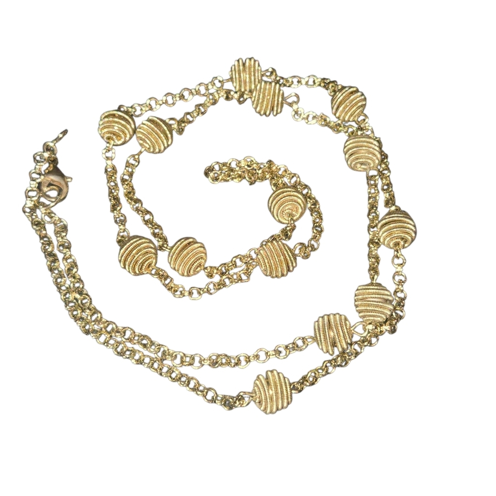 RMN Roman Signed Gold Tone Beehive Coil Beaded Cable Chain Station Necklace 34" - Picture 2 of 10